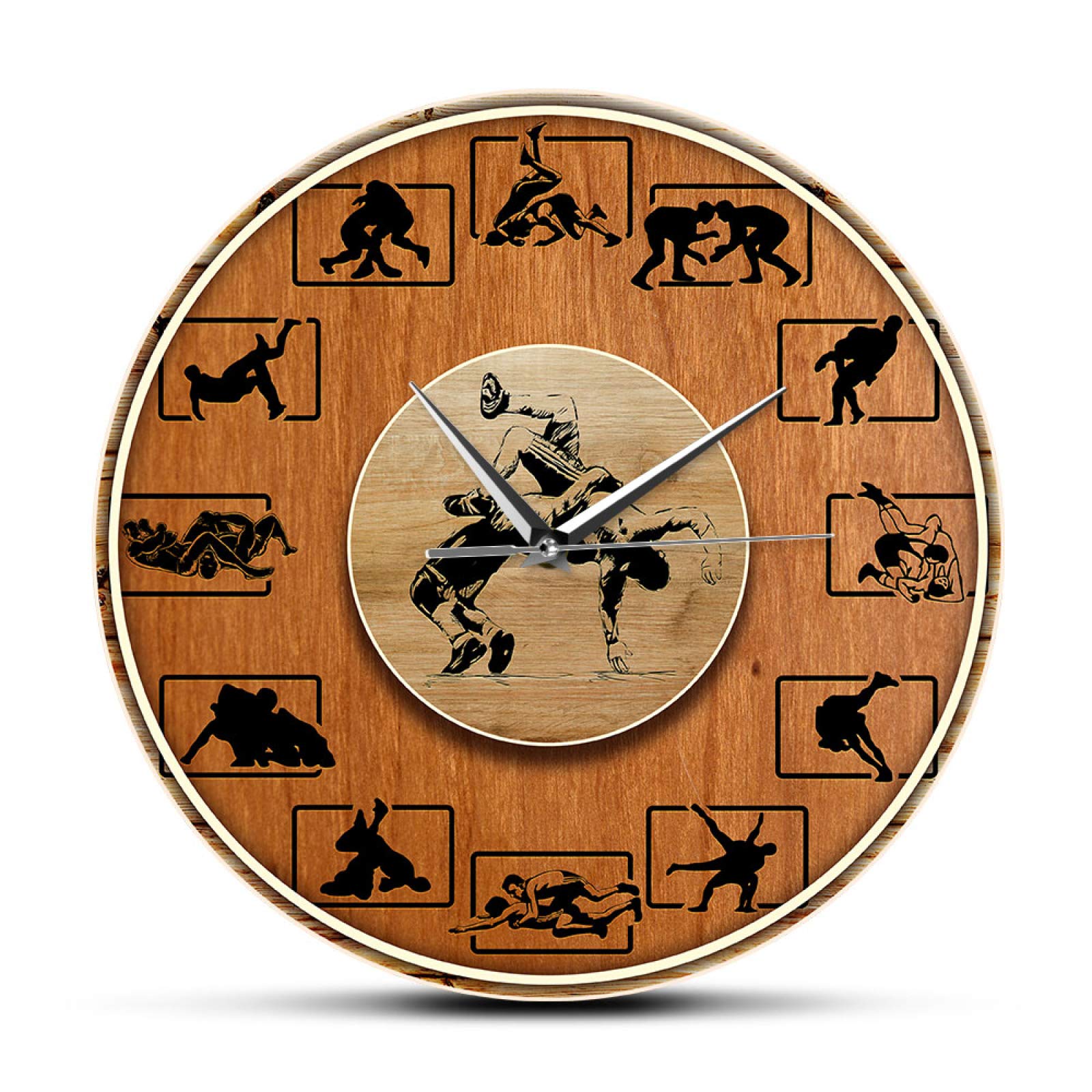 Combat Sports Wrestling Fighter Wood Texture Wall Clock - Silent Non-Ticking Quartz Wall Watch for Living Room, Home Decor & Wall Art | Perfect Gift for Wrestling Fans & Sports Enthusiasts | Ideal for Man Cave, Gym, or Sports-Themed Room Decor