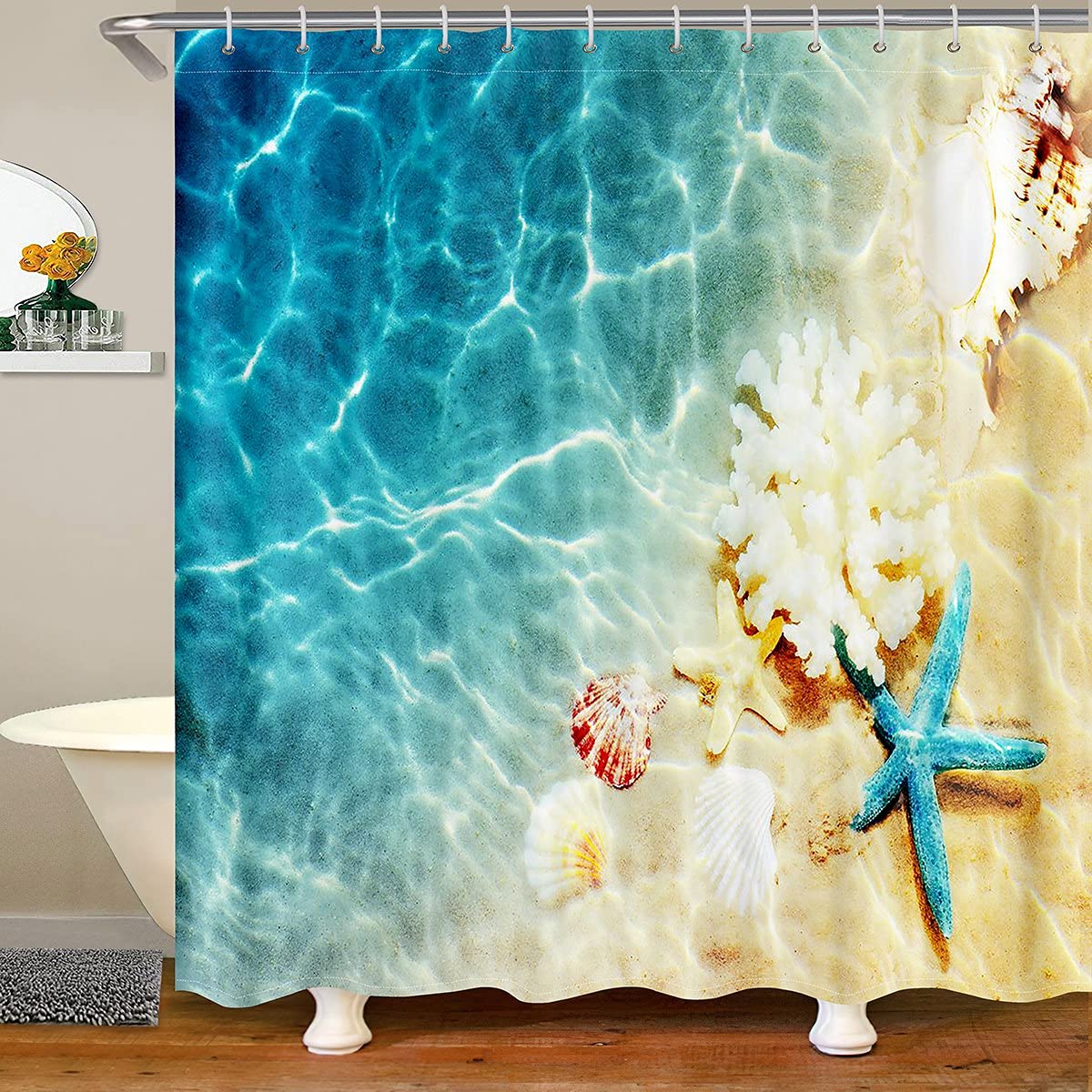 Ocean Beach Shower Curtain - Coastal Nature Theme with Sea Waves, Shells & Starfish - Teal Blue Bath Curtain for Boys & Girls - Hawaiian Style 72
