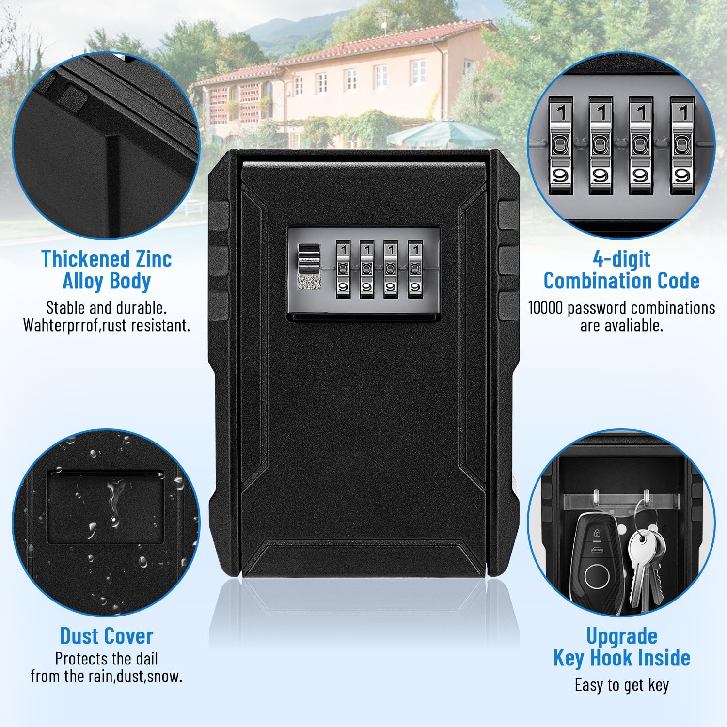 BKNOOU Large Waterproof 4-Digit Combination Lock Box for Keys - Outdoor Wall Mount Key Safe with Resettable Code - Perfect for Realtors, Home, Office & Warehouse Security (Weatherproof Key Storage Solution)