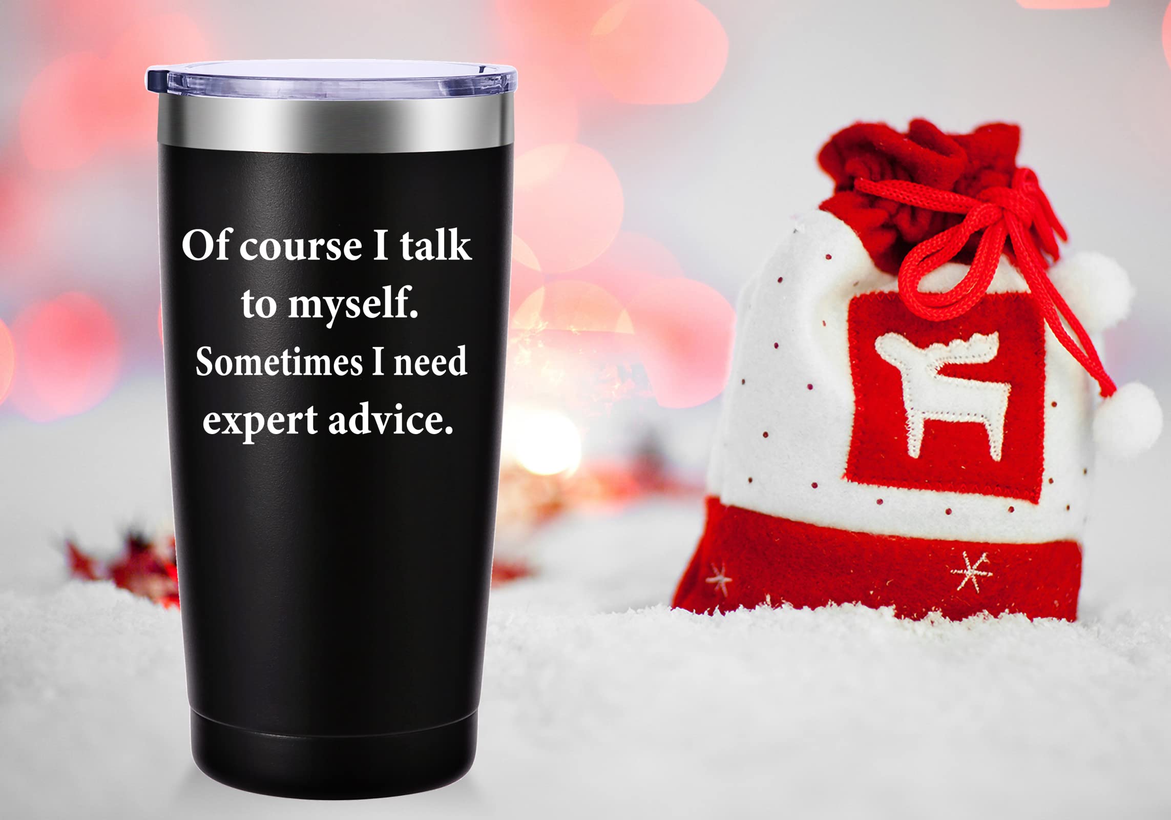 AMZUShome 'Of Course I Talk To Myself' 20oz Travel Mug - Funny Insulated Tumbler with Motivational Quote, Perfect Gift for Mom, Dad, Brother, Sister, Boyfriend, Girlfriend, Husband or Wife - Great for Birthday, Christmas & Everyday Use - Ideal for Coffee, Tea & Hot/Cold Drinks at Home, Office or Commute (Black)