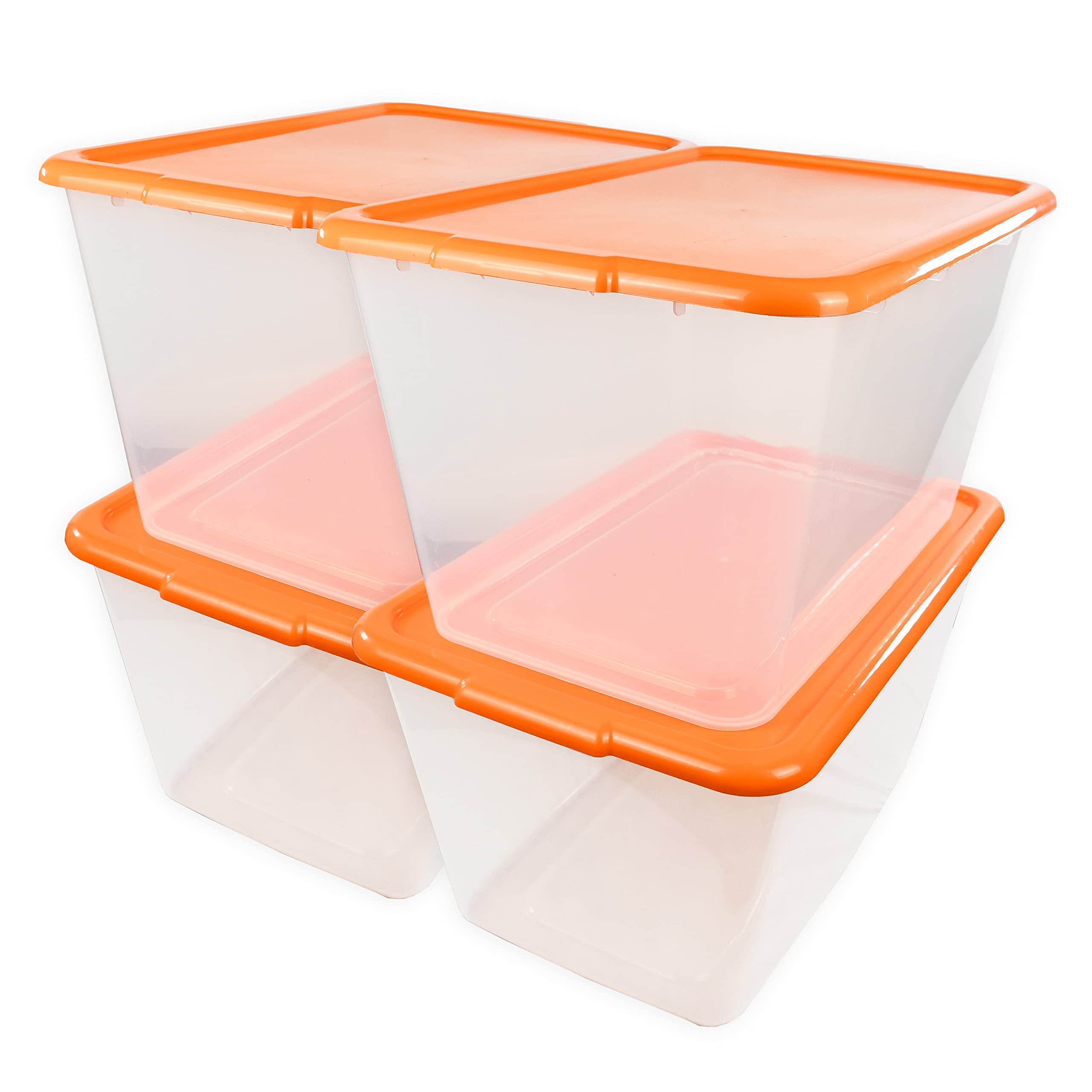 SIMPLYKLEEN 14.5-Gallon Reusable Stacking Plastic Storage Bins with Lids - Tangelo Orange/Clear (4-Pack) | Perfect for Home Organization, Garage Storage & Moving Supplies