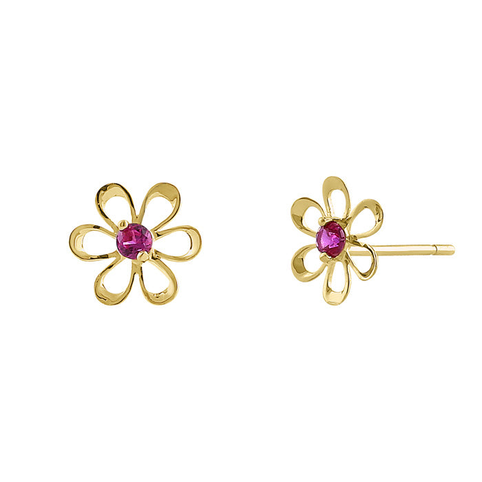14K Yellow Gold Vintage Floral Ruby & Cubic Zirconia Stud Earrings for Women – Elegant Gift for Anniversary, Birthday, or Special Occasions