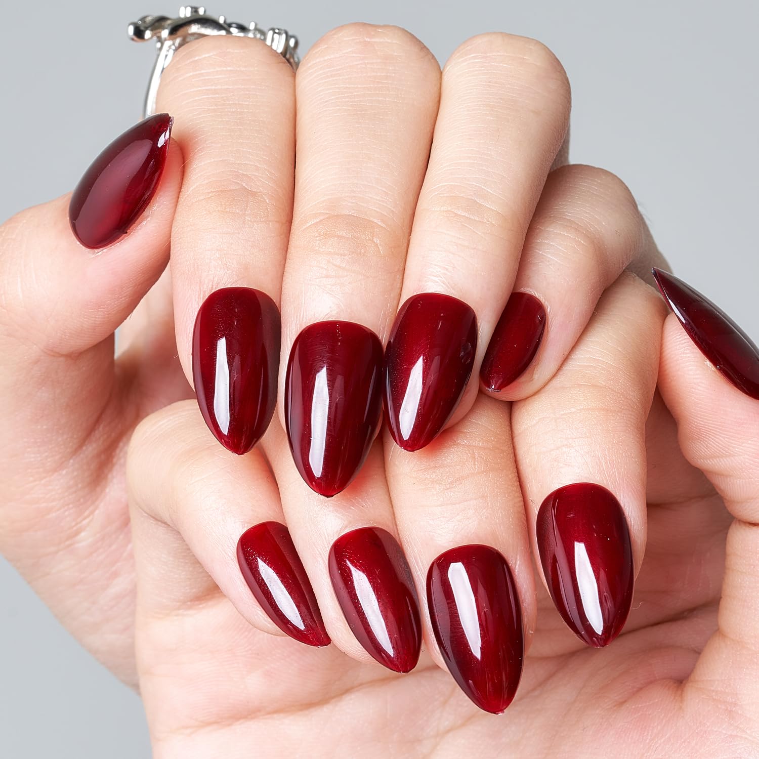 GLAMERMAID Dark Red Press On Nails Short Almond Shape - Blood Scarlet Red Handmade Soft Jelly Gel Fake Nails for Women | Burgundy & Deep Red Oval Stick-On Nails Kit with Glue | Reusable Acrylic False Nails Set for Parties, Weddings & Everyday Wear