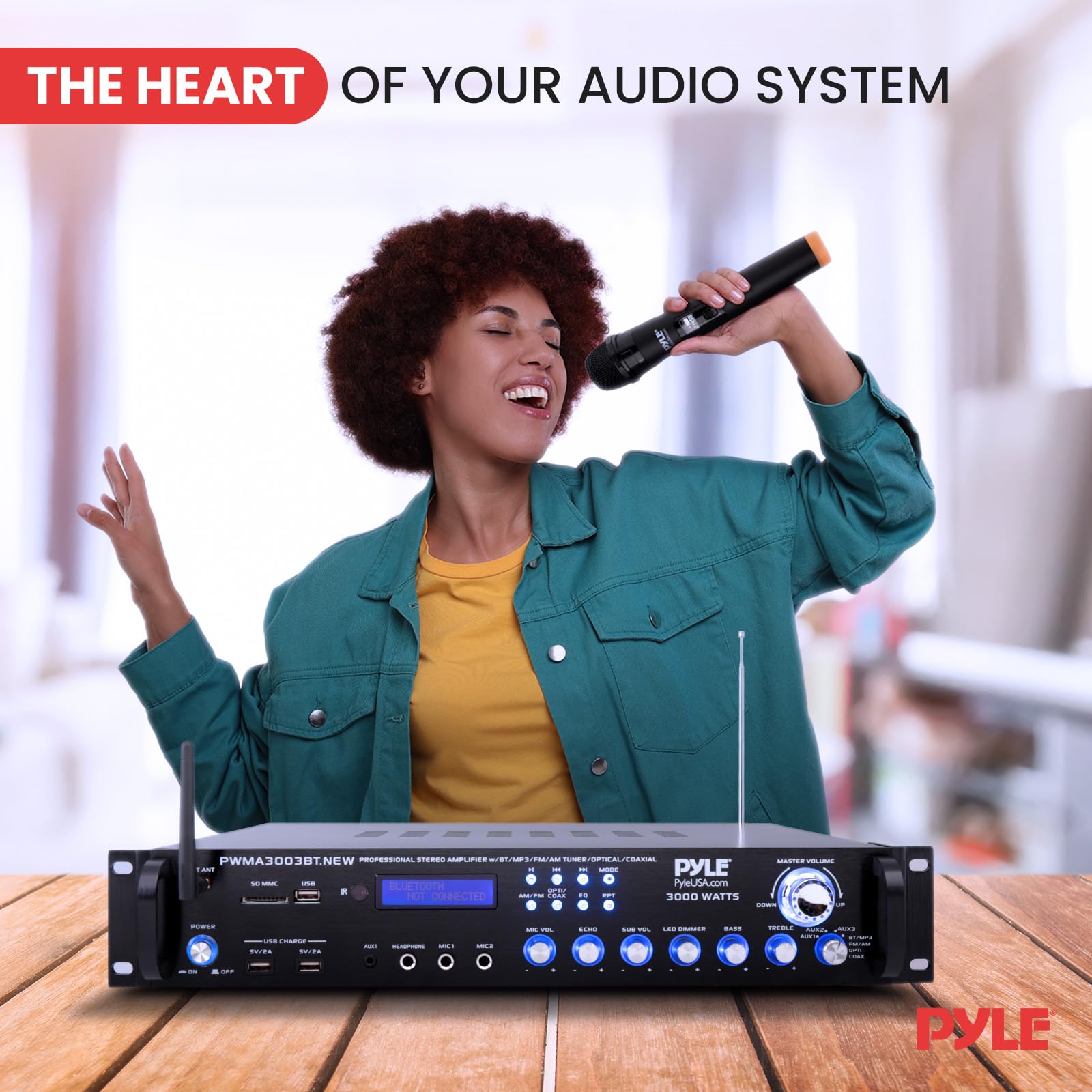 Pyle 3000W 4-Channel Bluetooth Home Audio Power Amplifier - Stereo Receiver with Speaker Selector, FM Radio, USB, Headphone Jack & 2 Wireless Mics for Karaoke - Perfect for Home Theater, Parties & Entertainment System (Model PWMA3003BT)