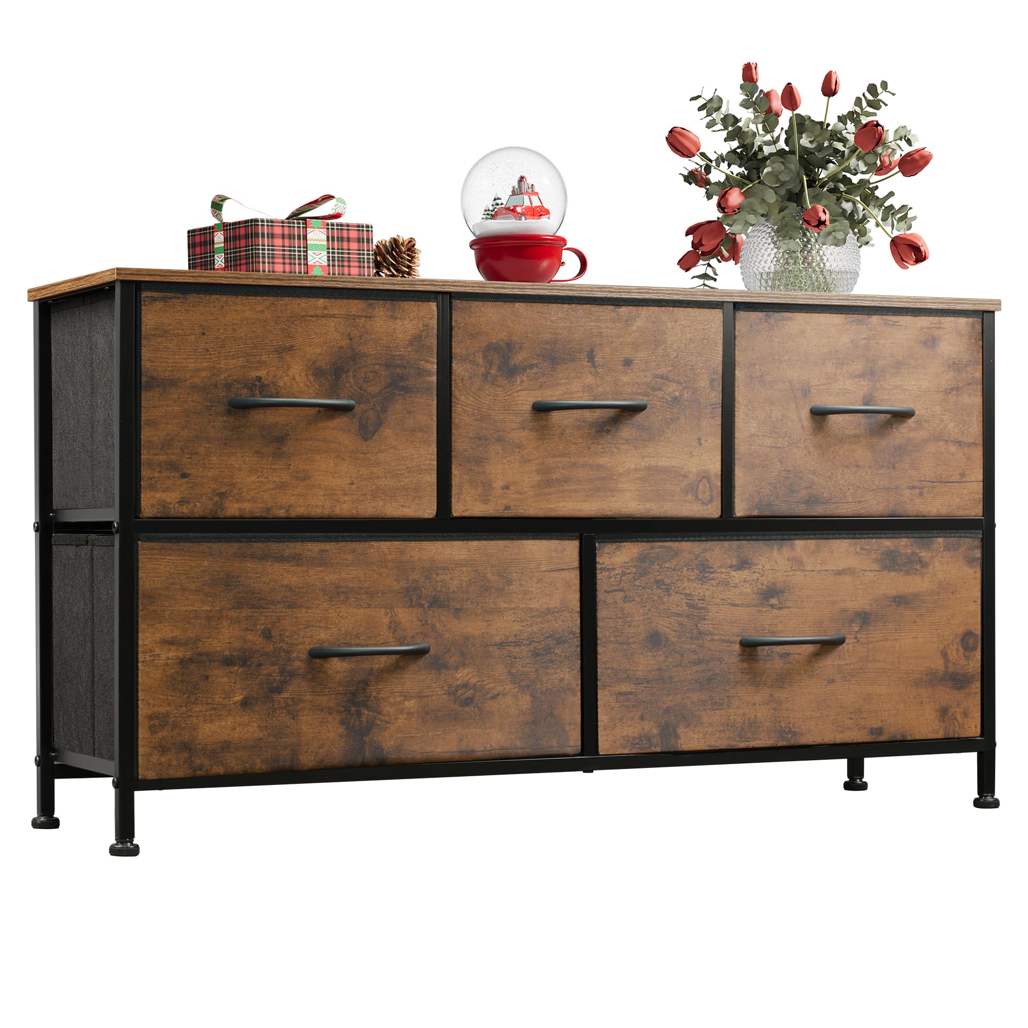 5-Drawer Fabric Dresser for Bedroom - Rustic Brown Wood Grain Storage Organizer with Fabric Bins | Perfect for Closet, Living Room & Hallway Organization | Space-Saving Chest of Drawers for Home Decor