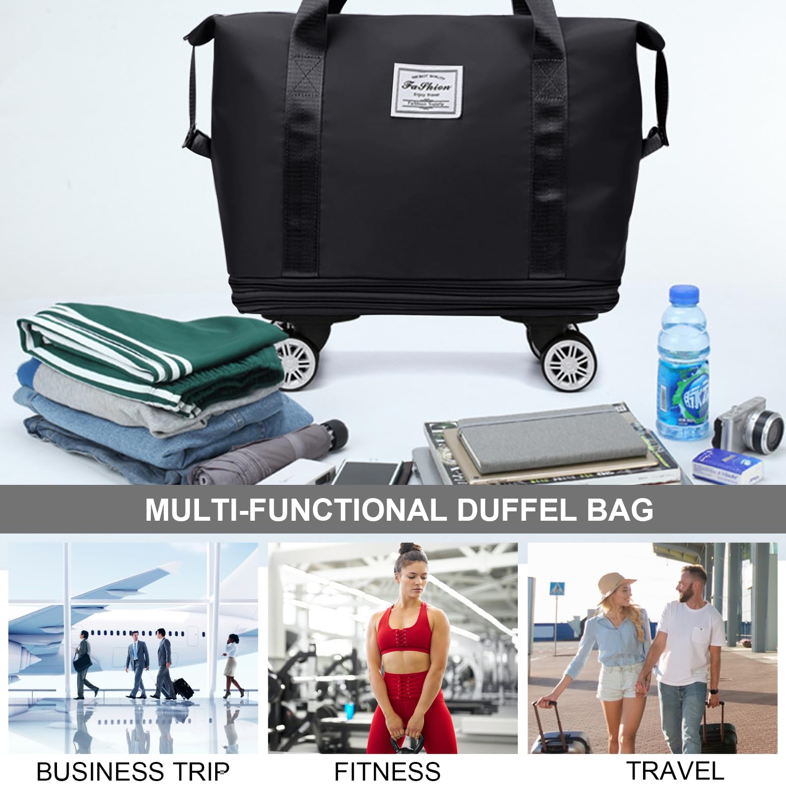 Foldable & Expandable Travel Duffel Bag with Detachable Wheels - Large Carry-On Luggage for Gym, Camping, Business Trips - Black | Perfect for Air Travel, Weekend Getaways & Sports Equipment Storage