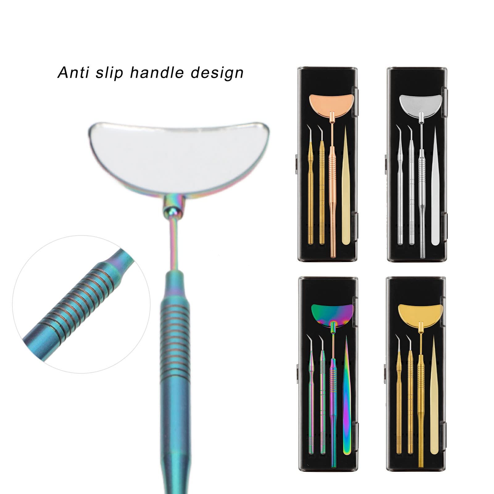 **4PCS Rose Gold Eyelash Extension Mirror & Tweezers Set - Stainless Steel Non-Slip Beauty Salon Tools for Professional Lash Artists & DIY Home Use**