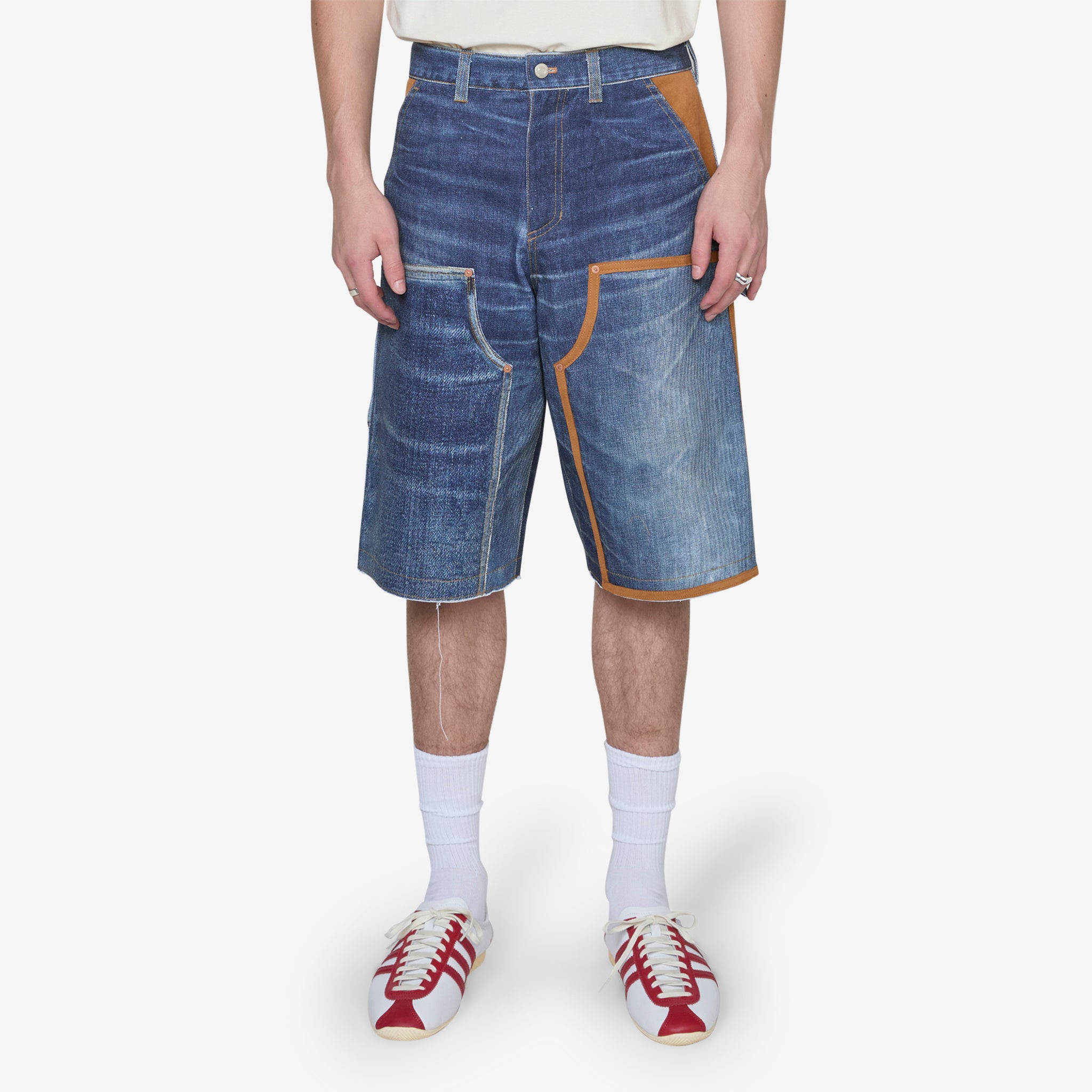 Stylish Denim Trompe L'oeil Double Knee Shorts in Blue - Perfect for Casual Outfits and Streetwear Fashion