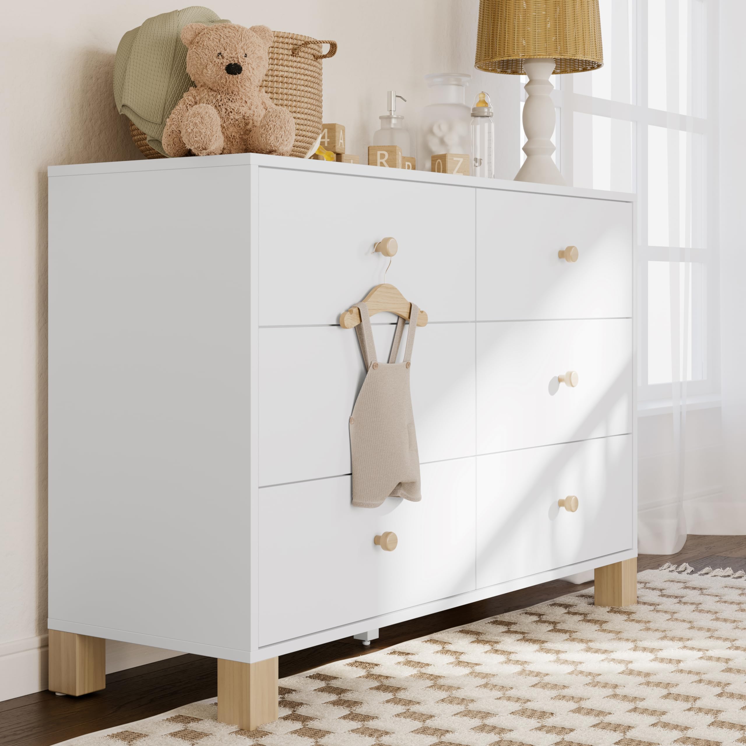 Storkcraft California 6-Drawer Double Dresser in White with Driftwood Finish - GREENGUARD Gold Certified, Sturdy Interlocking Drawer System, Kids Bedroom Dresser with Drawer Organizer for Clothes & Toys Storage - Perfect for Nursery, Toddler Room & Children's Bedroom Organization