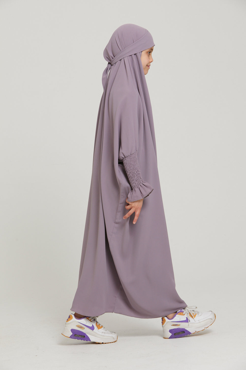 Junior Girls Full Length Jilbab Prayer Abaya with Frill Cuffs in Royal Lilac - Perfect for Islamic Prayer, School, and Special Occasions