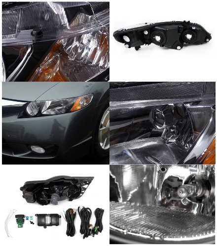 Spec-D Tuning Honda Civic 4Dr Diamond Black Headlights with Clear Bumper Fog Lights - Upgrade Your Ride for Night Driving & Street Racing Style