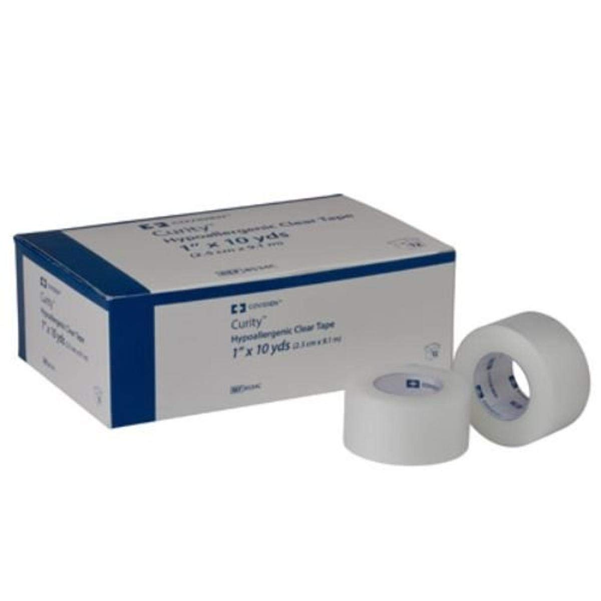 Covidien 8534C Curity Hypoallergenic Medical Tape - Clear, 1 Inch x 10 Yards (Pack of 120) - Latex-Free First Aid Tape for Sensitive Skin | Wound Care, Bandage Securing & Sports Injury Protection