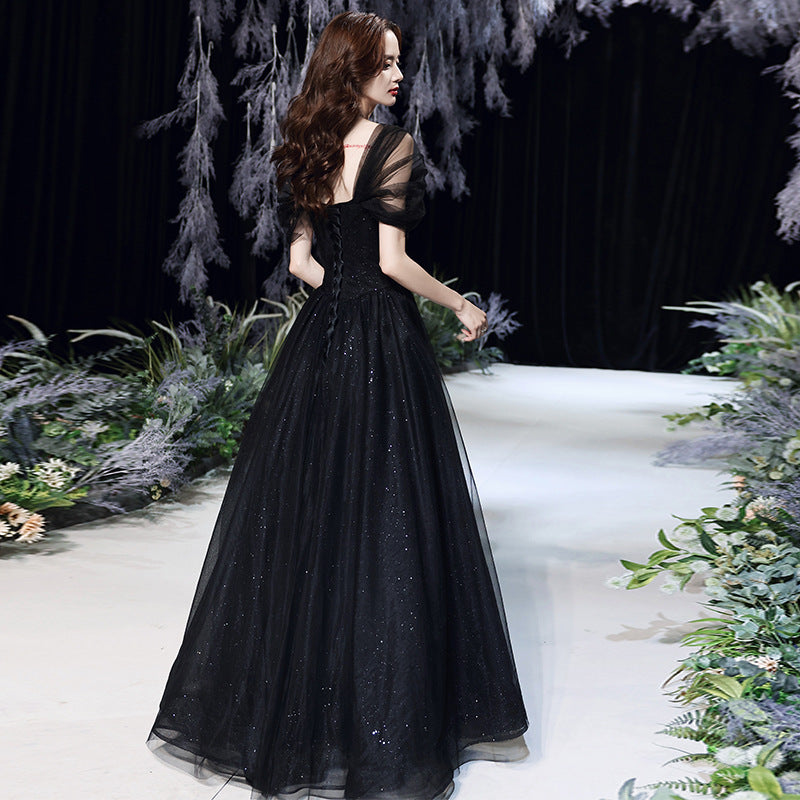 Elegant Black Off Shoulder A-Line Long Prom Evening Dress for Women - Perfect for Formal Events, Dances & Special Occasions