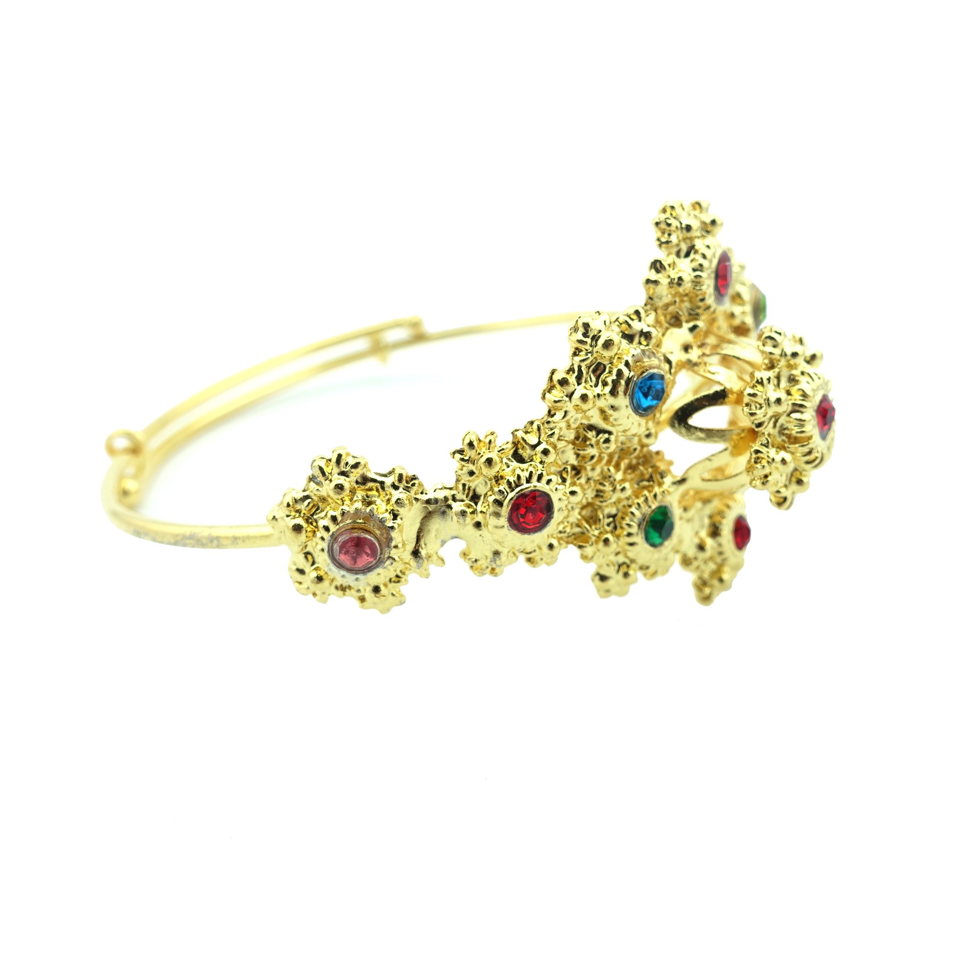 Thai Traditional Gold Plated Multicolor Crystal Arm Cuff Bracelet (Rad Khaen) 2.5-3 Inches - Elegant Boho Jewelry for Women, Festival & Wedding Accessories