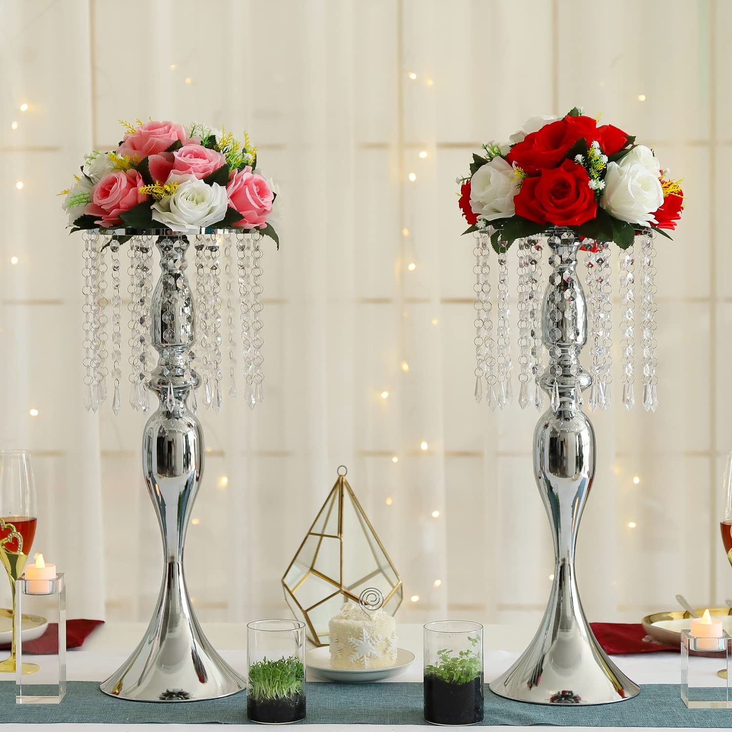 LANLONG Set of 2 Elegant Crystal Centerpieces - Silver Metal Flower Vase Stand for Wedding, Party, Reception - Perfect for Home Decor & Tabletop Display