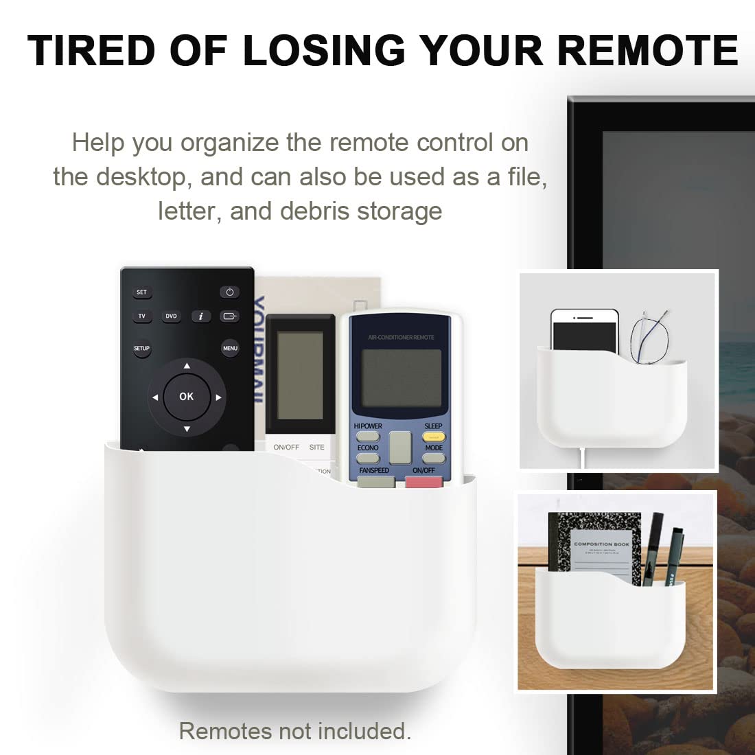 Wall Mount Remote Control Holder - Self Adhesive Organizer for Office & Bedroom - White Storage Box for Phones & Mail
