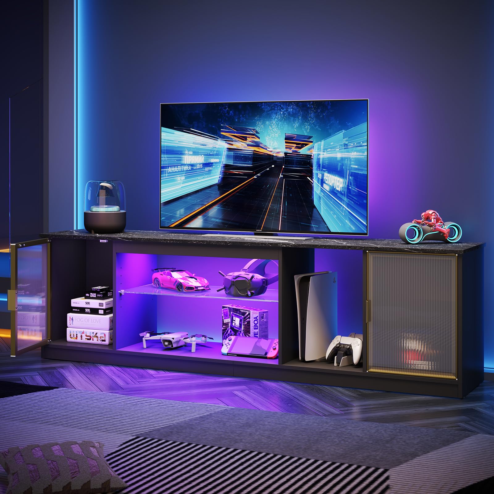 Bestier 80 Inch Gaming TV Stand with Adjustable Glass Shelf & Storage Cabinet - Modern Black Marble Entertainment Center for PS5, Xbox & Living Room - Perfect for Gaming Setups & Home Theater Systems