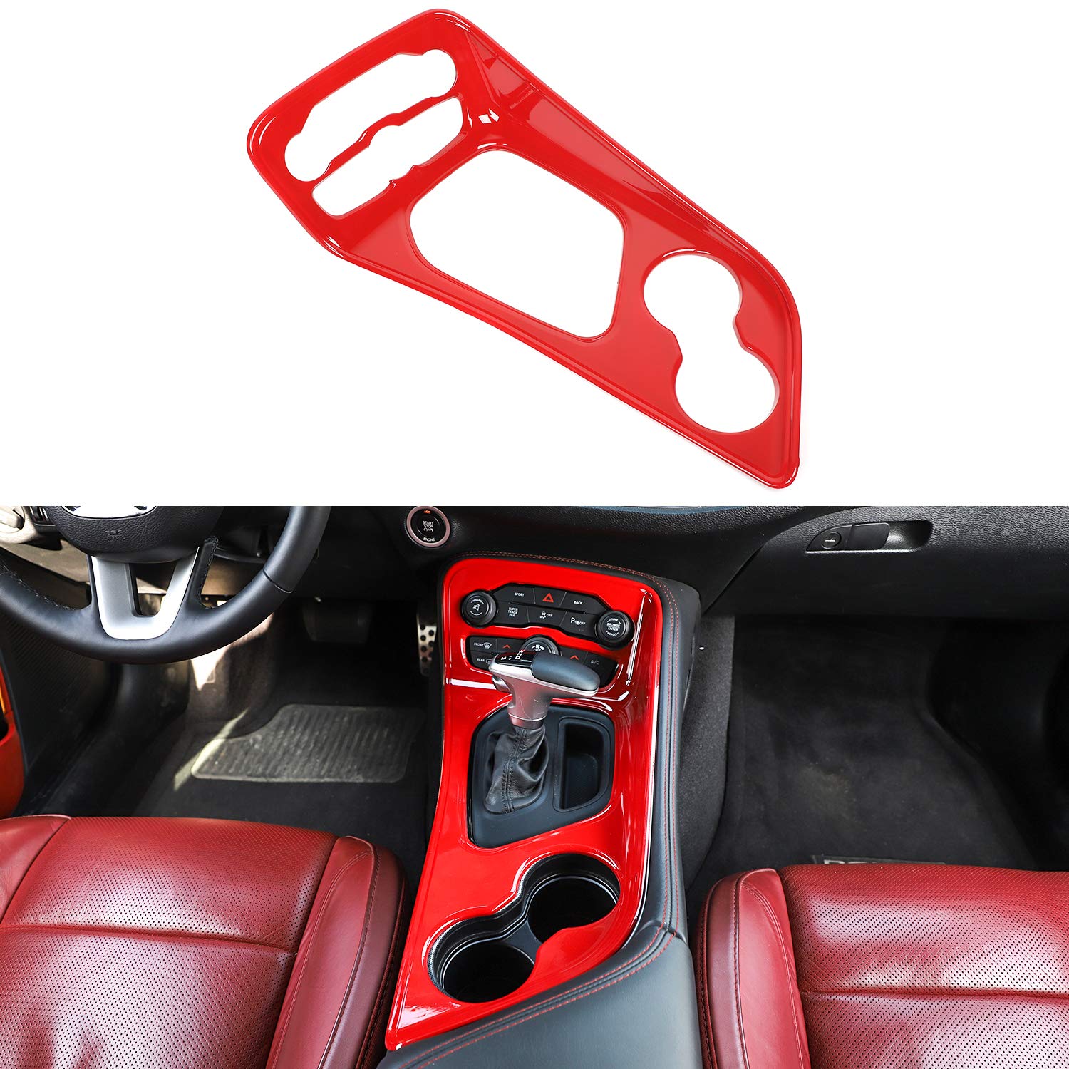 JeCar ABS Gear Shift Panel Cover Trim - Interior Decoration Accessories Compatible with Dodge Challenger 2015-2023 (Red) - Upgrade Your Car Interior & Enhance Driving Experience