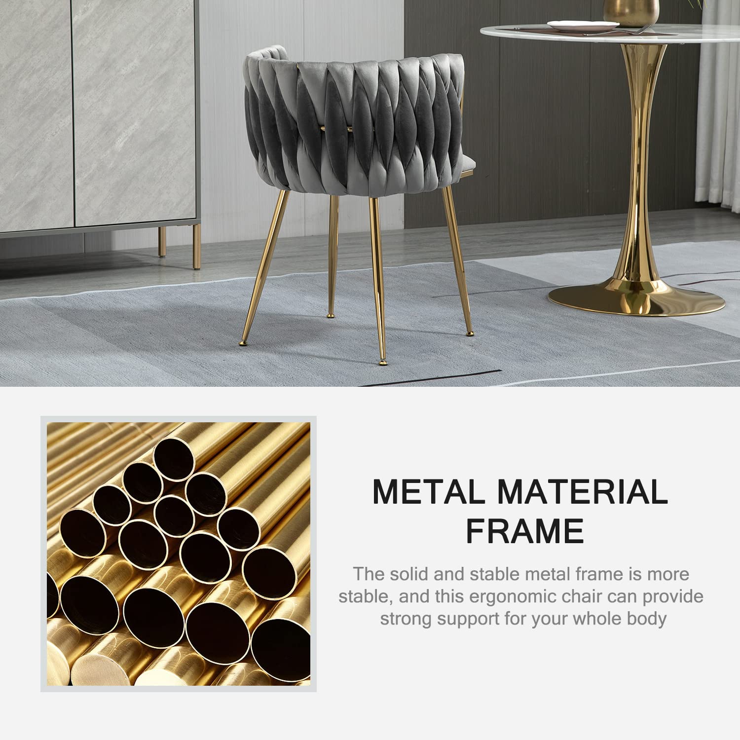 Velvet Dining Chairs Set of 4 - Modern Woven Upholstered Accent Chairs with Gold Metal Legs for Living Room, Dining Room & Kitchen - Soft Grey Velvet Seating - Perfect for Home Decor, Dinner Parties & Cozy Gatherings