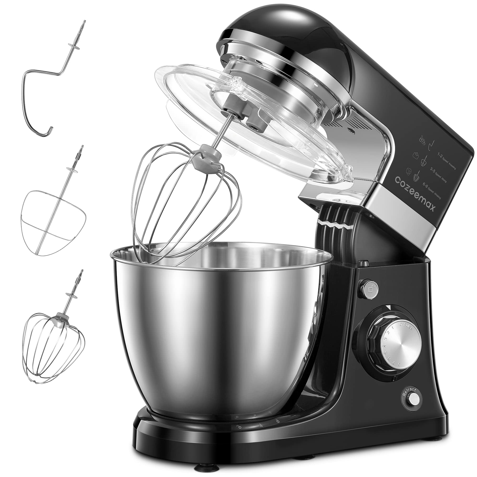 Cozeemax 8-Speed Stand Mixer with 5-Quart Stainless Steel Bowl - Electric Dough Mixer with Beater, Dough Hook & Whisk for Baking Bread, Cakes & Cookies - Perfect for Home Kitchens & Bakeries