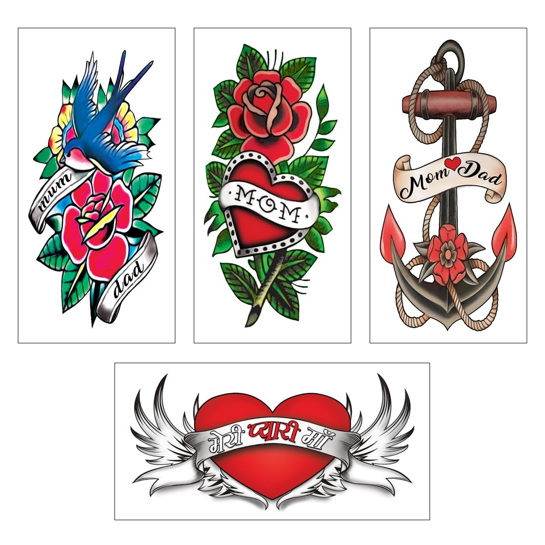 Waterproof Temporary Tattoo - Mom With Heart & Wings Combo (Pack of 4) | Long Lasting Fake Tattoos for Mother's Day, Women's Events & Body Art