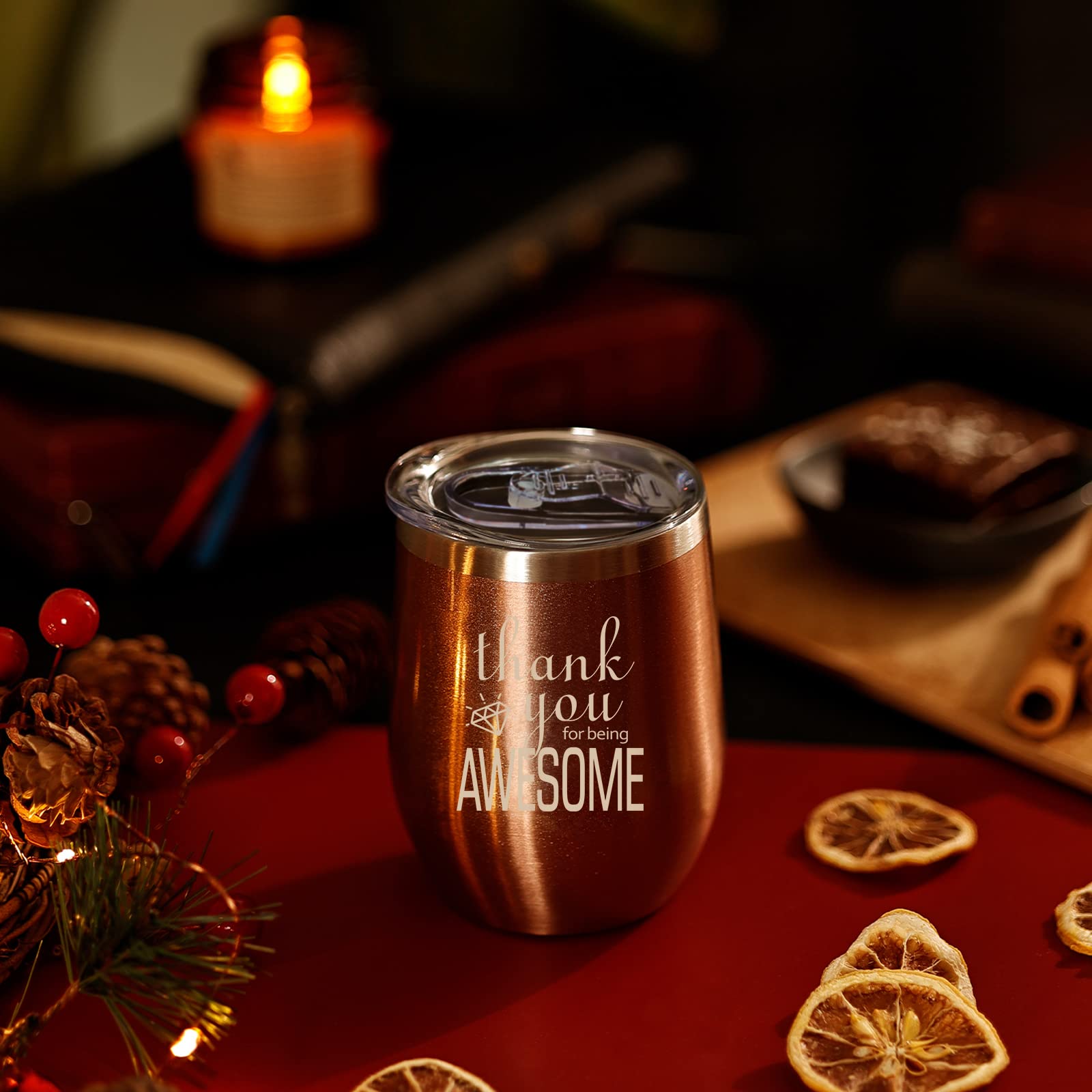 Thank You Wine Tumbler 12oz with Lid & Straw - Rose Gold Insulated Cup for Women, Men, Coworkers | Perfect Birthday, Christmas, Thanksgiving Gift | Great for Office, Home, Travel & Outdoor Use