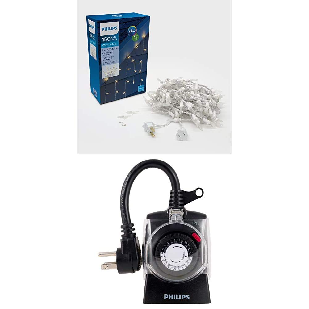 PHILIPS 150 LED Warm White Faceted Mini Icicle Christmas Lights with Outdoor Timer - Perfect for Holiday Decorations, Tree Trimming, and Outdoor Party Lighting