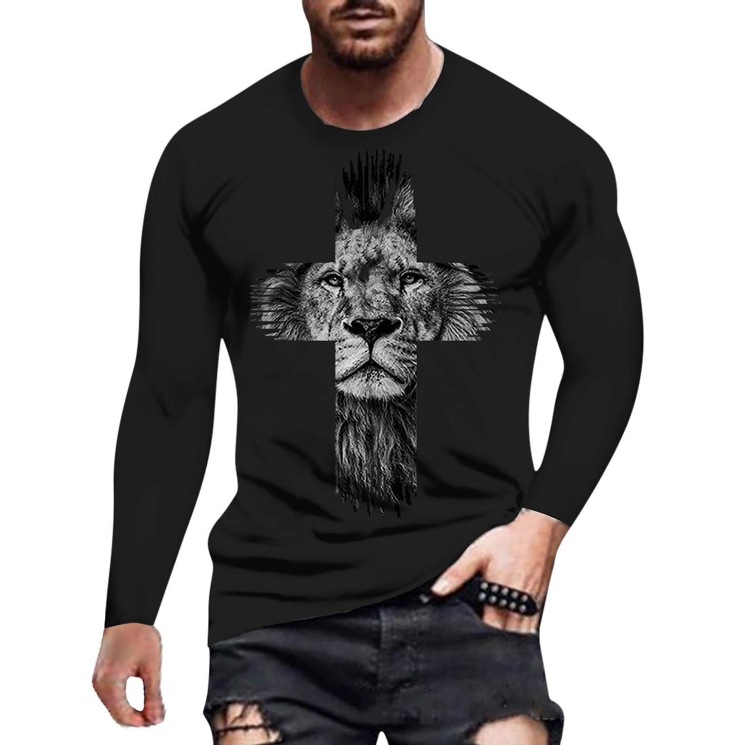 BEUU Men's 3D Lion Wolf Print Long Sleeve T-Shirt - Military Style Gym Workout Hiking Athletic Tee - Casual Fashion Sweatshirt for Outdoor Activities & Streetwear