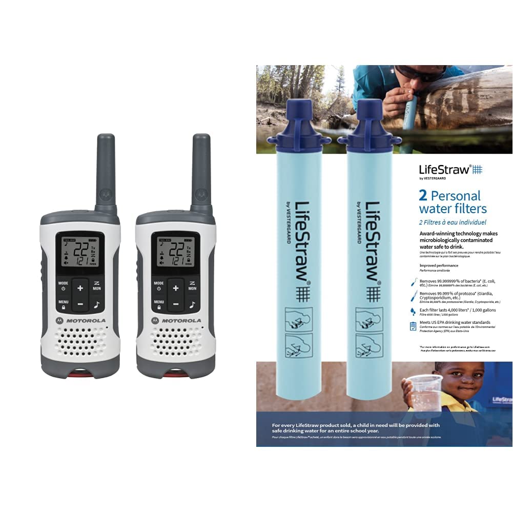 Motorola T260 Talkabout Two-Way Radios (2 Pack) & LifeStraw Personal Water Filter for Hiking, Camping, Travel, Emergency Preparedness (2 Pack, Blue) - Perfect for Outdoor Adventures and Survival Kits