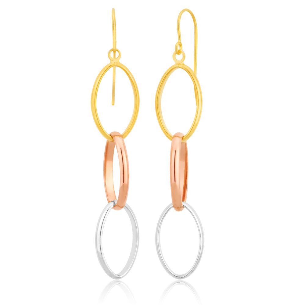 9ct Three-Tone Gold Silver Filled Triple Circle 40mm Drop Earrings for Women - Elegant Dangle Jewelry for Parties, Weddings & Special Occasions