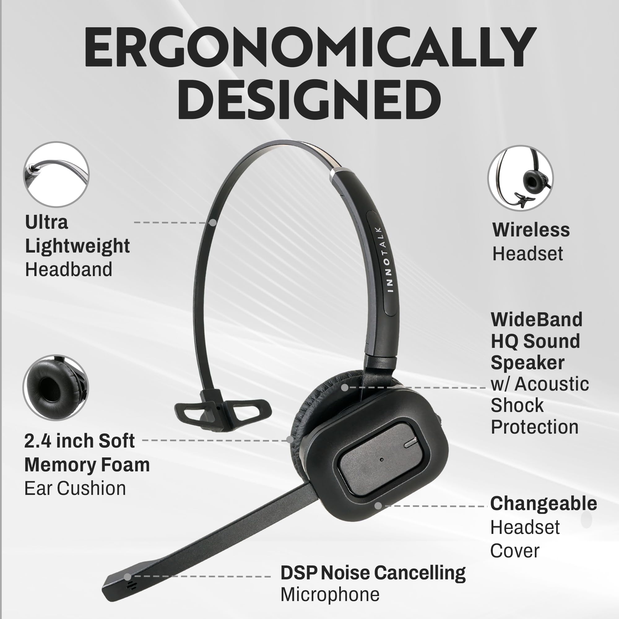 INNOTALK Wireless Headset for Office Phones - Remote Hook On/Off Handset Lifter, 300ft Range Headset for Landline & Corded Phones | Perfect for Call Centers, Reception Desks & Long Business Calls