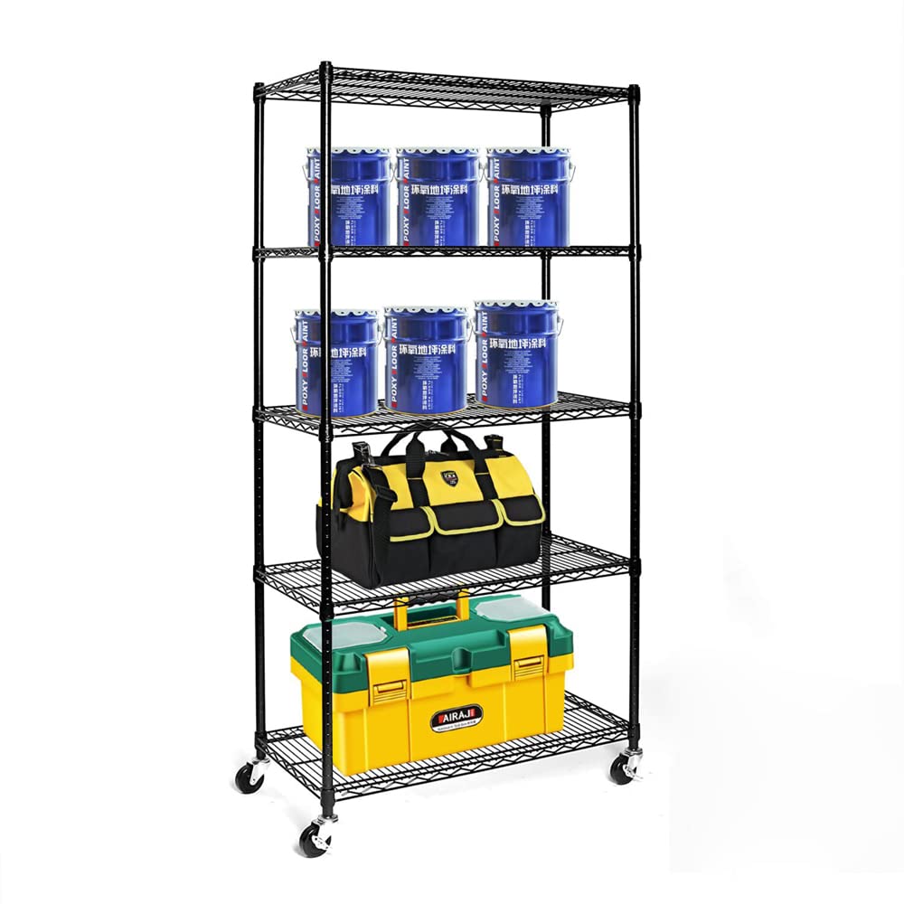 Karl Home Heavy Duty 5-Tier Storage Shelving Unit with Wheels - Adjustable Metal Wire Shelves Rack for Garage, Kitchen, Basement Organization - 1100lbs Capacity (35.43