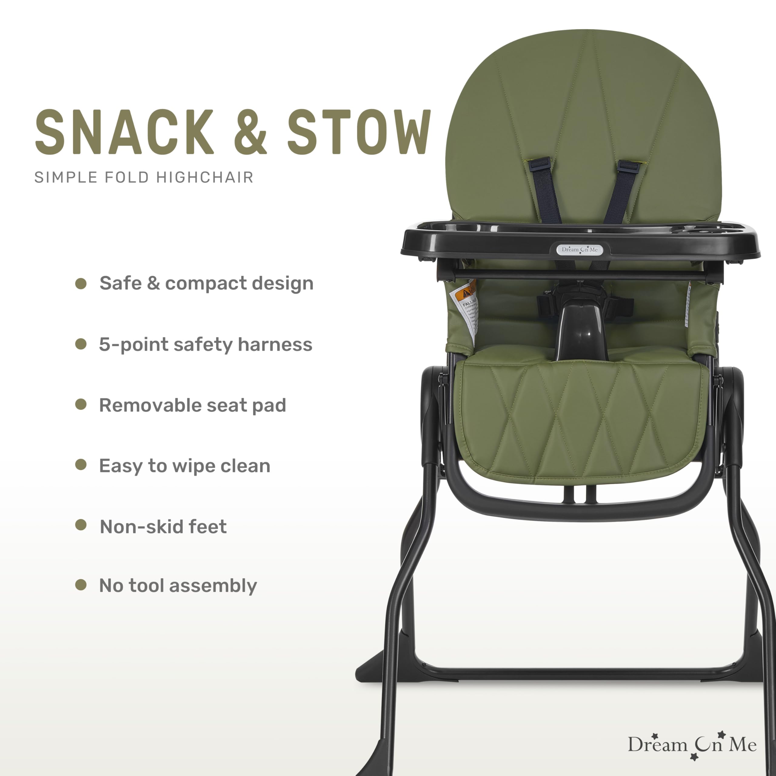 Dream On Me Snack and Stow Baby High Chair - Foldable Travel High Chair with Removable 3-Position Adjustable Tray | Portable for Home, Restaurants & Outdoor Use (Olive Green)