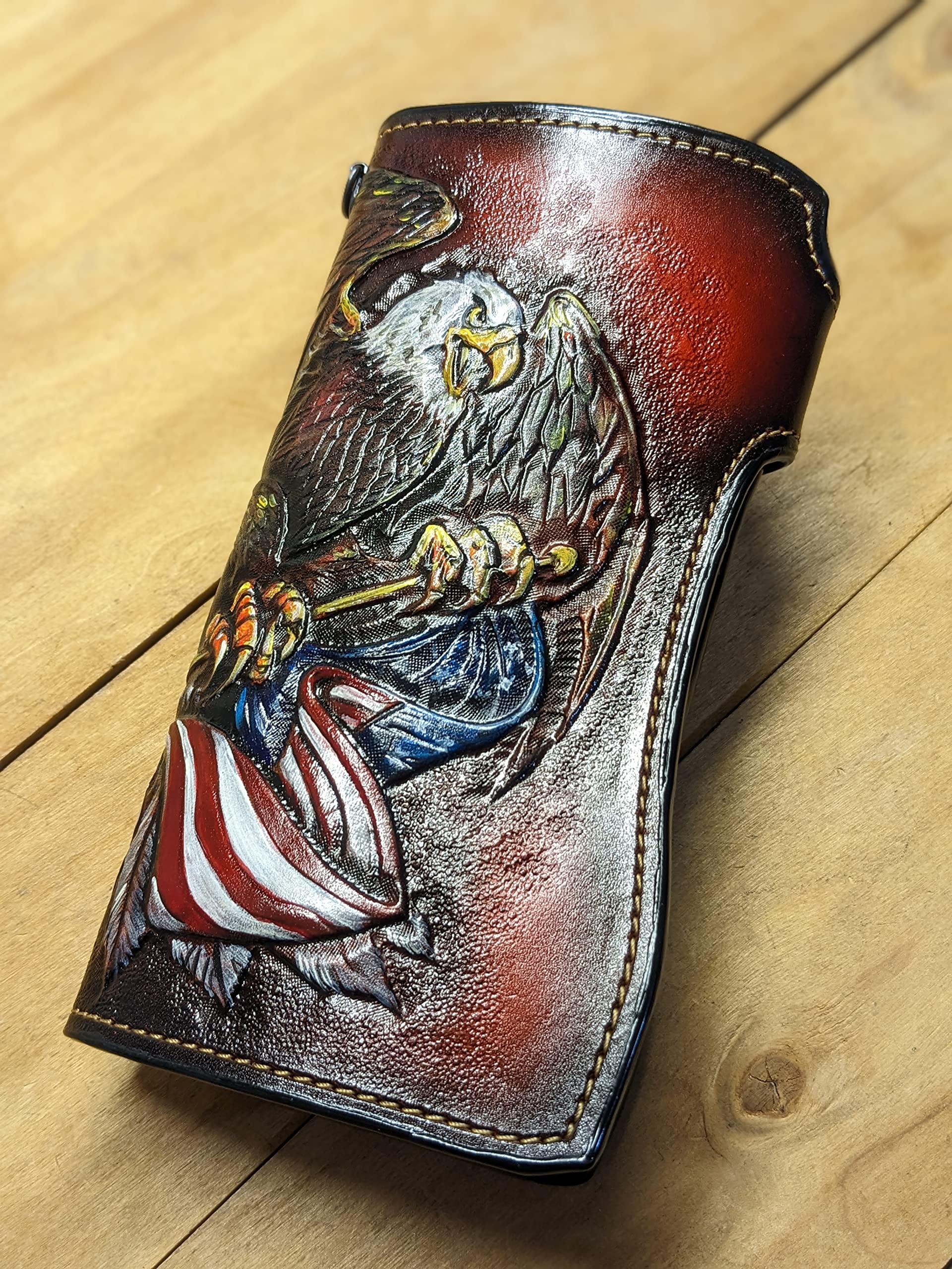 **Handcrafted 3D Genuine Leather Wallet for Men – Biker Wallet with Hand-Carved Bald Eagle & USA Flag Design – Custom Personalized Long Wallet for Everyday Use & Patriotic Gifts**