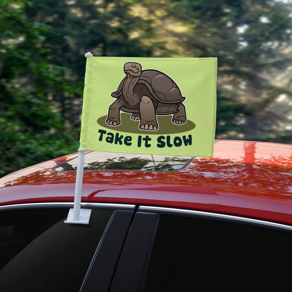 Slow & Steady Tortoise Car Flag with Window Clip & Pole Holder - Fun Turtle Design for Trucks, SUVs & RVs - Perfect for Road Trips, Parades & Tailgating
