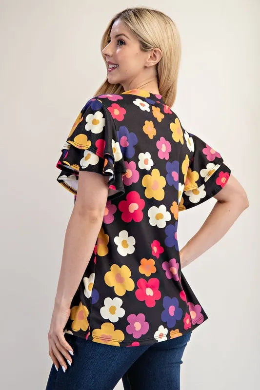 Celeste Bold Floral Print Ruffle Sleeve Blouse for Women | Elegant Party & Date Night Top | Summer Casual & Formal Occasion Wear
