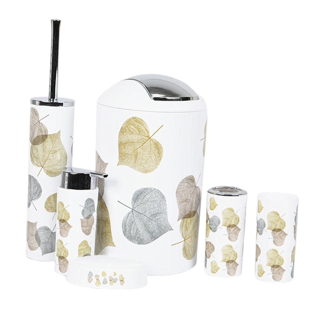 6PCS Luxury Bathroom Accessories Set - Soap Dispenser, Toothbrush Holder, Tumbler, Soap Dish, Toilet Brush & Trash Can with Leaf Design | Modern Bathroom Storage Organizer for Home, Hotel & Spa Decor