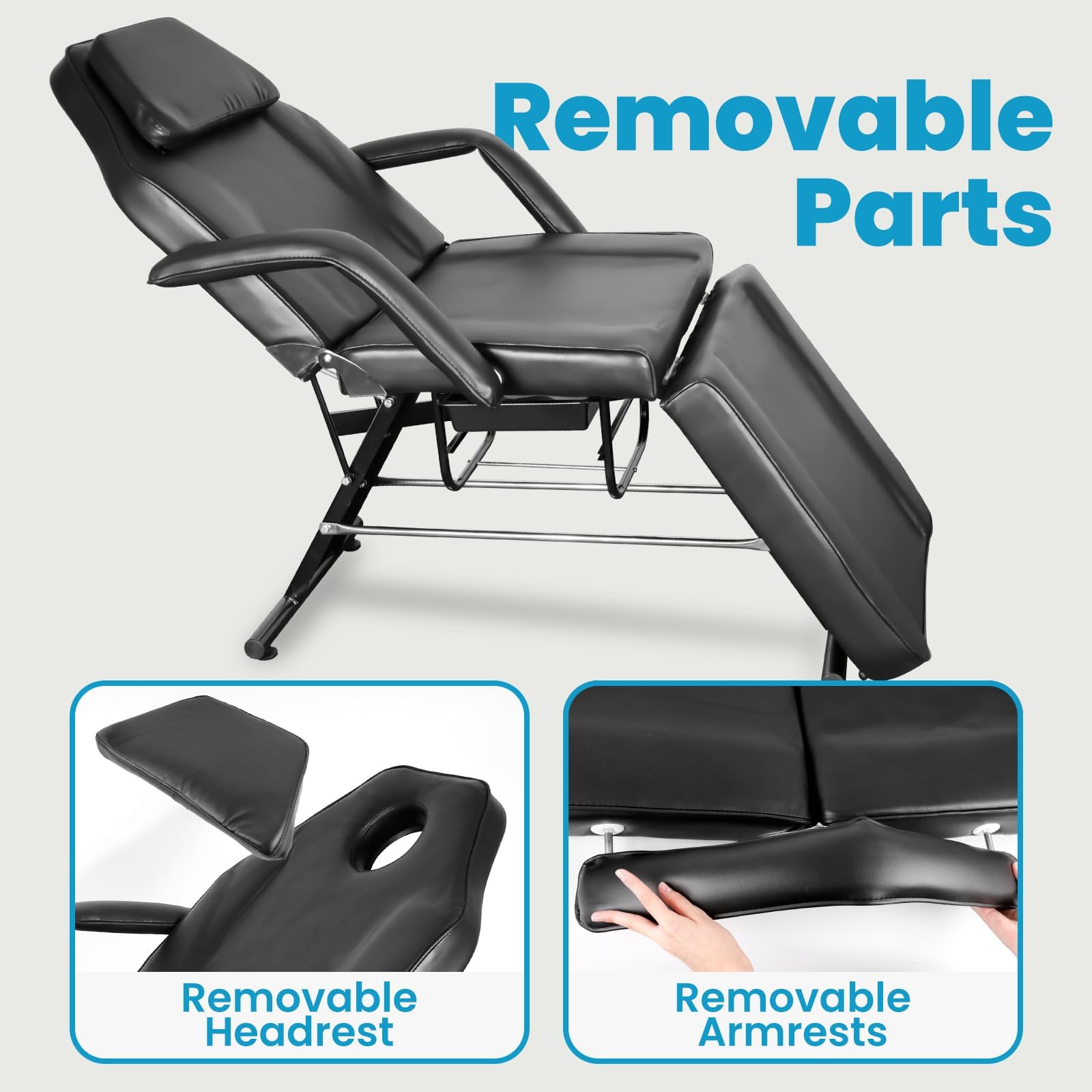 Professional 3-Section Salon Massage Bed & Tattoo Chair with Hydraulic Stool - Adjustable Spa Bed with Removable Headrest for Beauty, Barber & Tattoo Studios - Perfect for Client Comfort in Massage, Facial & Body Art Sessions (Black)