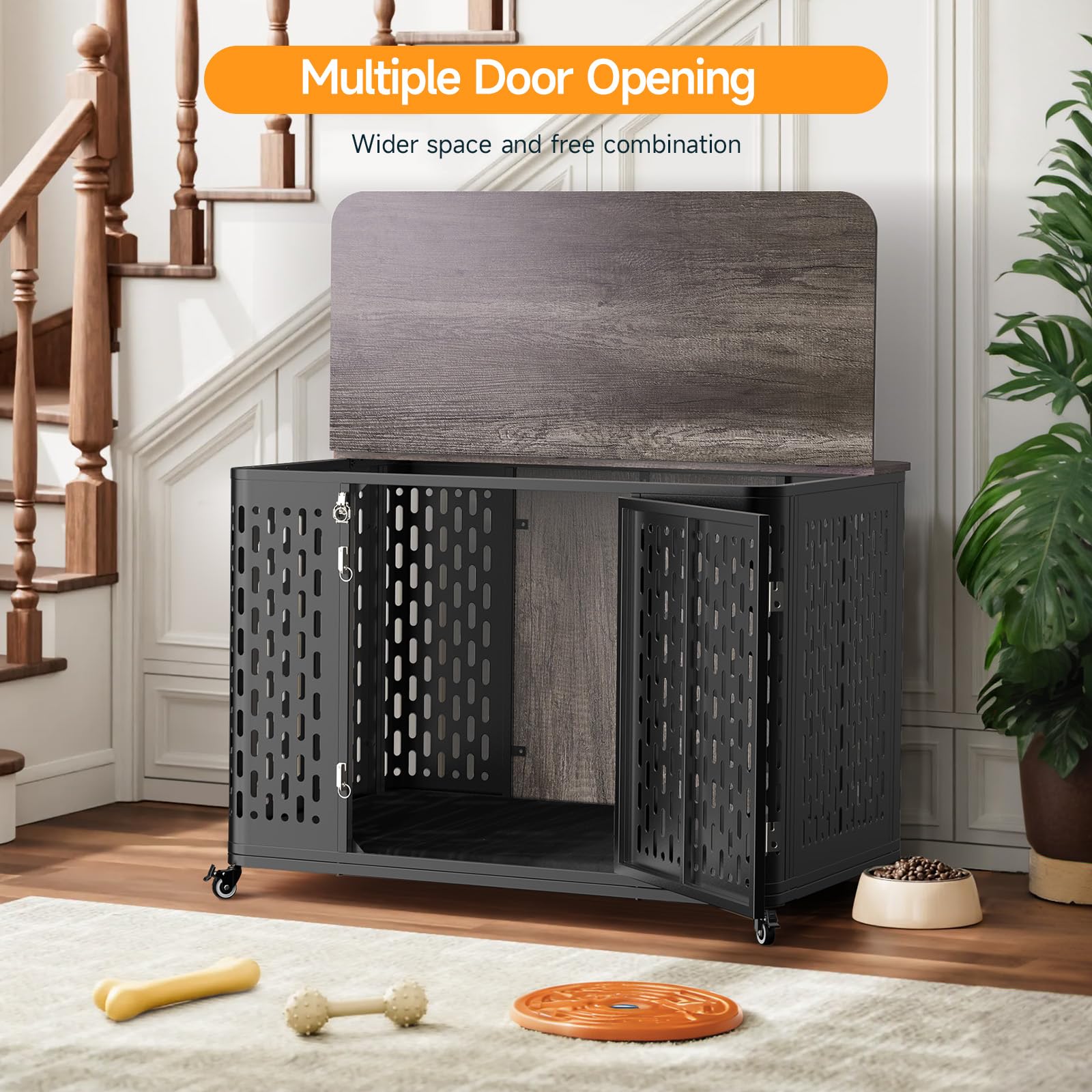 Wooden Dog Crate Furniture with Removable Cushion - 43.7 Inch Rustic Grey Dog Kennel with Lockable Wheels for Small Medium & Large Dogs | Multi-Purpose Pet Cage for Living Room, Bedroom & Travel Use
