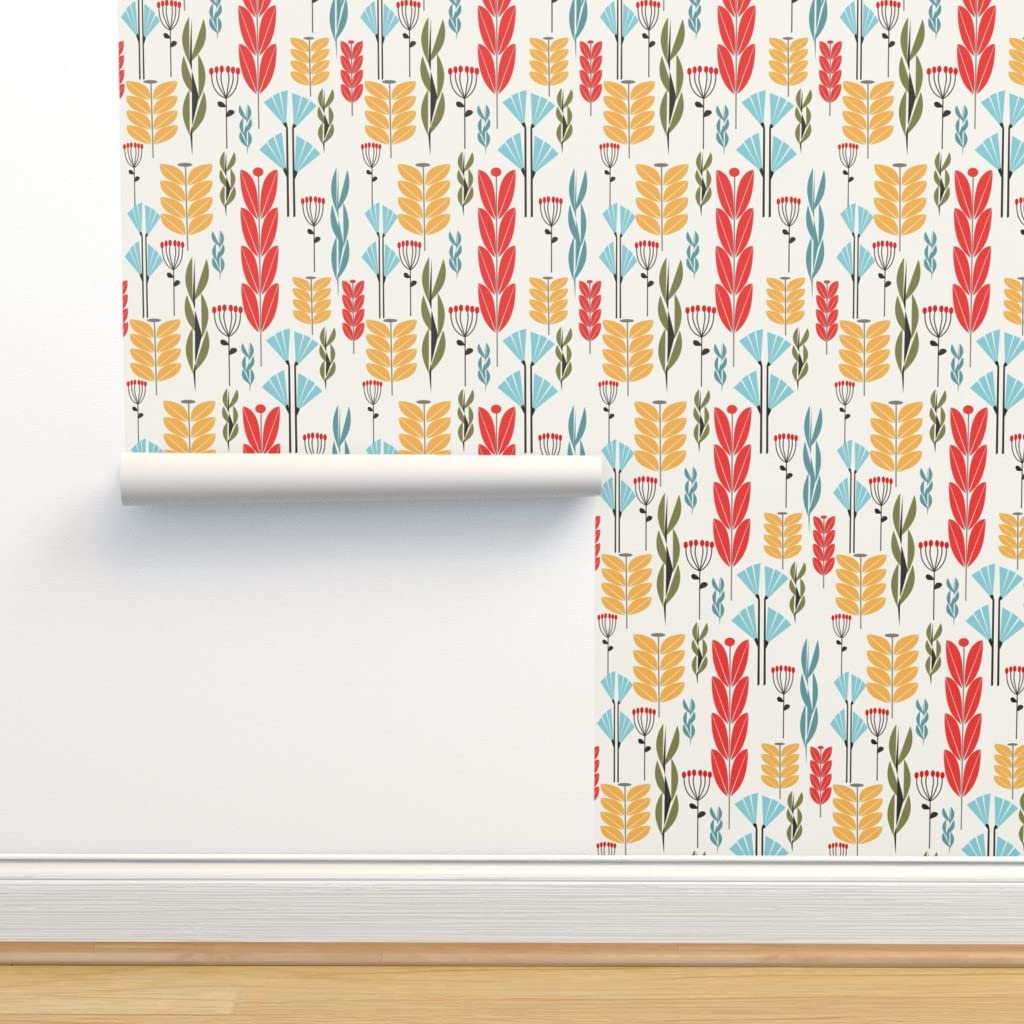 12ft x 2ft Peel & Stick Removable Wallpaper - Midcentury Leaves Nature Plants Flora Design by Spoonflower | Perfect for Bedroom, Living Room, Nursery & Home Office Decor