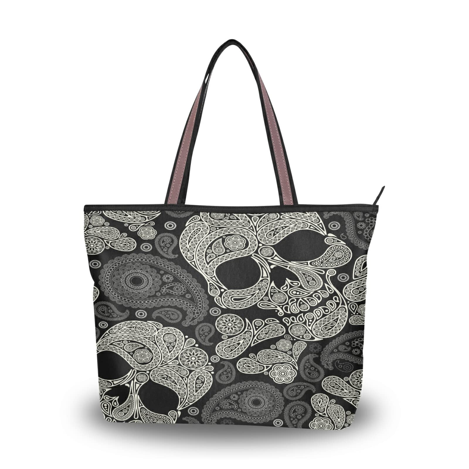 ALAZA Skull Paisley Skeleton Tote Bag - Reusable Women's Zippered Shoulder Handbag for Beach, Travel & Daily Use | Fashionable Ladies Purse for Work, Shopping & Outings