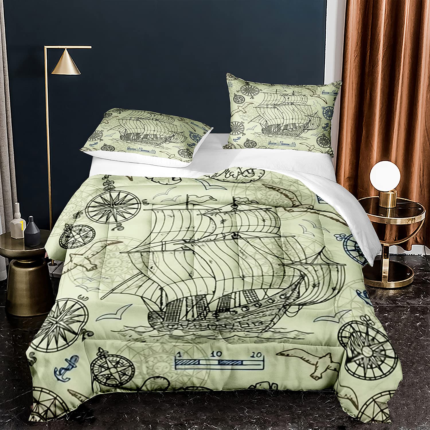 Nautical Pirate Ship King Size Comforter Set - 3 Piece Boys Bedding with Compass & Anchor Design, 1 Comforter + 2 Pillow Shams | Perfect for Pirate Themed Bedrooms, Kids Room Decor & Adventure Lovers
