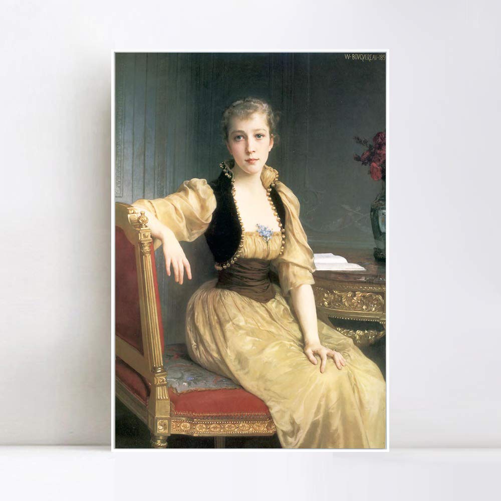 William Adolphe Bouguereau Seated Woman in White Dress Framed Canvas Giclee Print - Premium Wall Art for Living Room & Home Office Decor (28x40 Inches, White Slim Frame) | Elegant Home Decor & Gift Idea