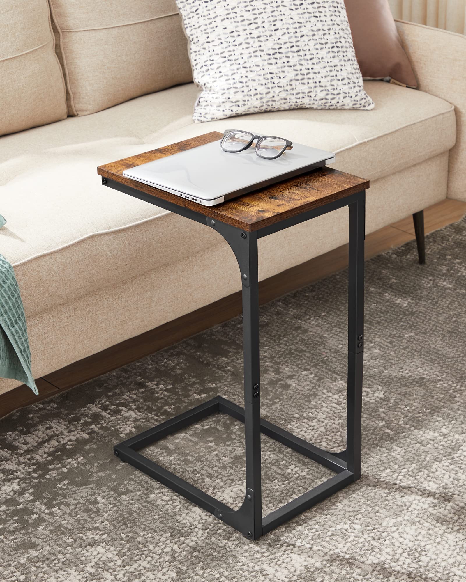 VASAGLE C-Shaped End Table with Metal Frame - Small Side Table for Couch, Sofa, Living Room, Bedroom, Nightstand - Rustic Brown & Black - Perfect for Holding Drinks, Books, and Lamps by Your Bed or Couch