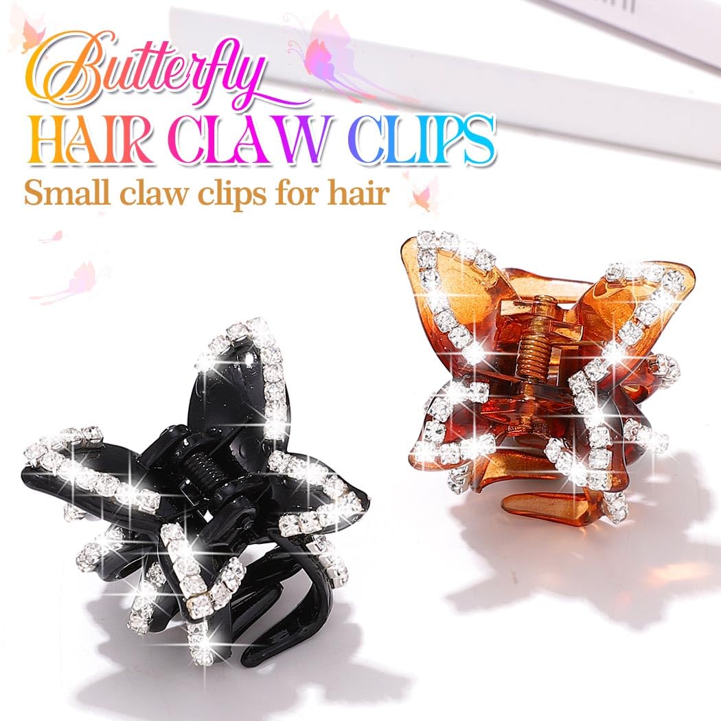 BARTOSI Small Rhinestone Butterfly Hair Claw Clips for Women & Girls - Black Mini Hair Accessories (2-Pack) | Perfect for Ponytails, Updos & Everyday Hairstyles