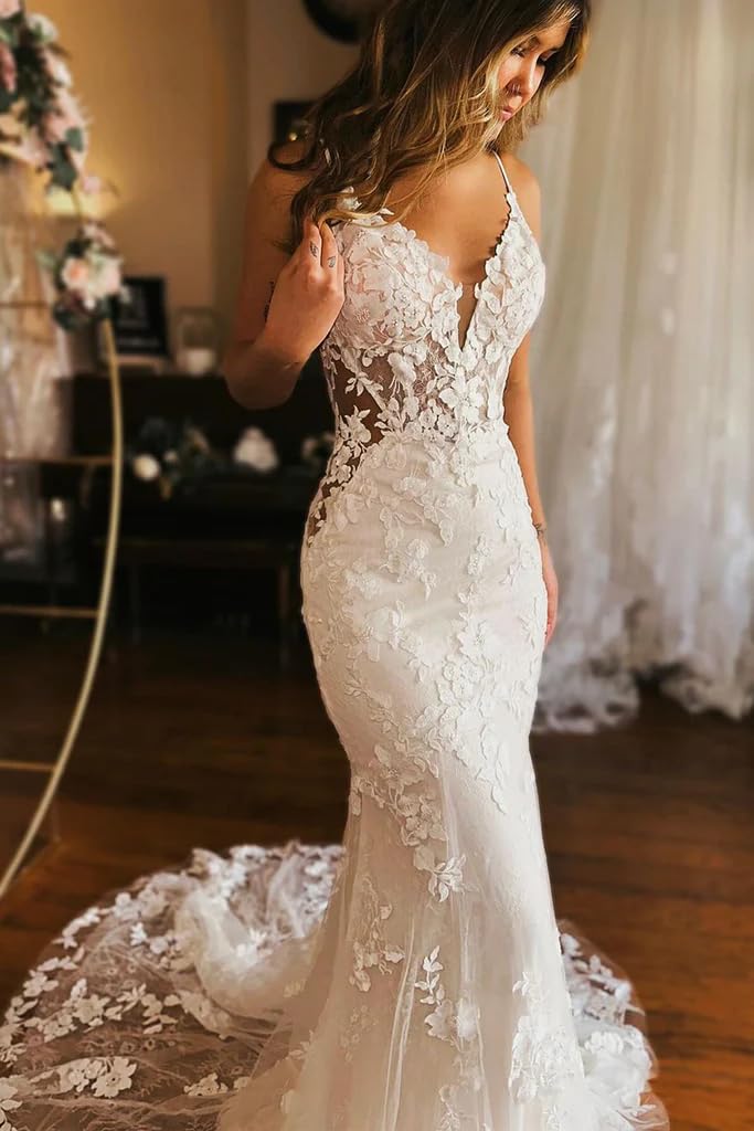 Elegant Tulle Wedding Dress with Applique - Spaghetti Strap Mermaid Bridal Gown V-Neck Formal Gown for Bride | Perfect for Beach Weddings, Church Ceremonies, and Romantic Photoshoots