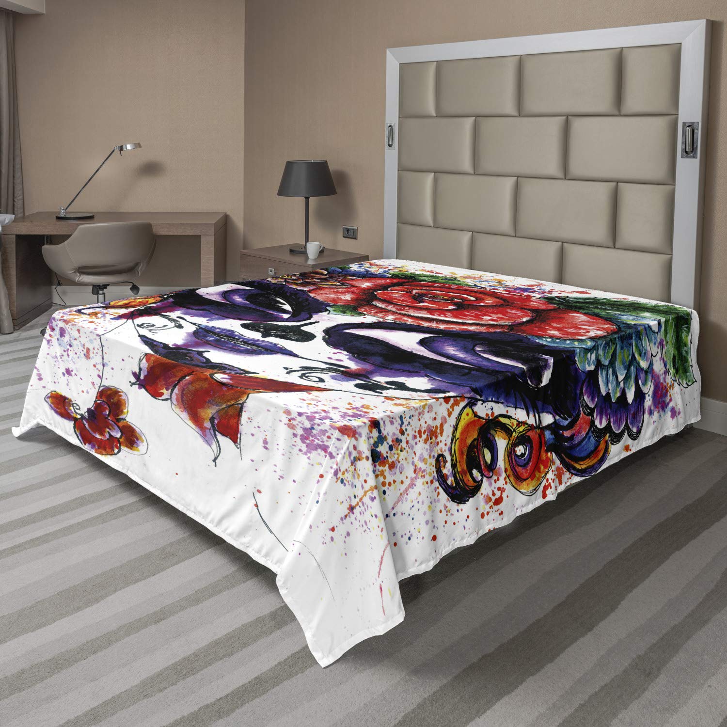Ambesonne Sugar Skull Queen Size Flat Sheet - Watercolor Floral Crown Design with Big Eyes | Soft Comfortable Decorative Bedding for Halloween, Dia de Los Muertos & Bohemian Room Decor
