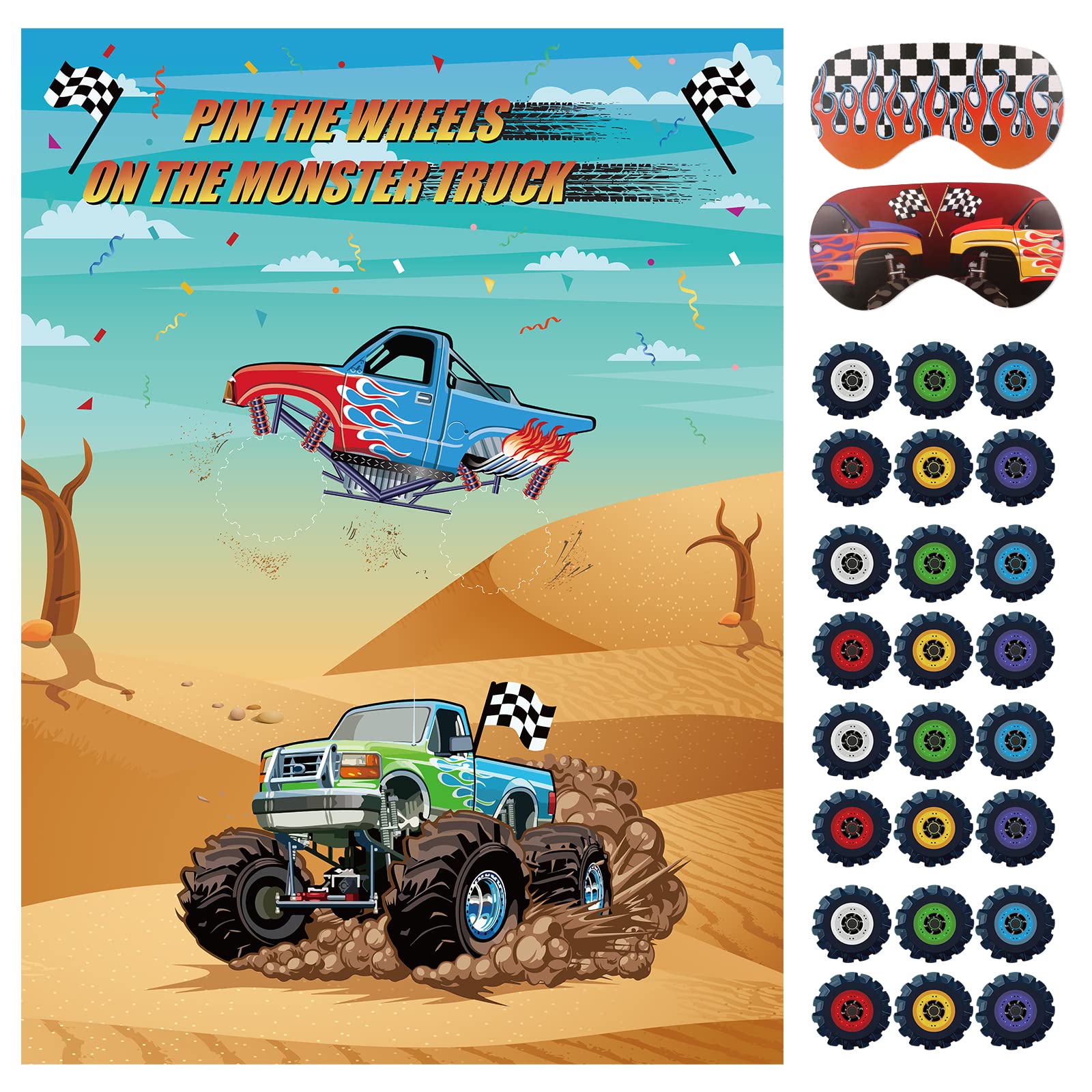 Pin The Wheels on The Truck Game - 36 Pcs Wheels with Large Truck Poster | Fun Kids Birthday Party, Carnival & Truck Theme Party Supplies | Perfect for Birthday Games, Classroom Activities & Family Gatherings