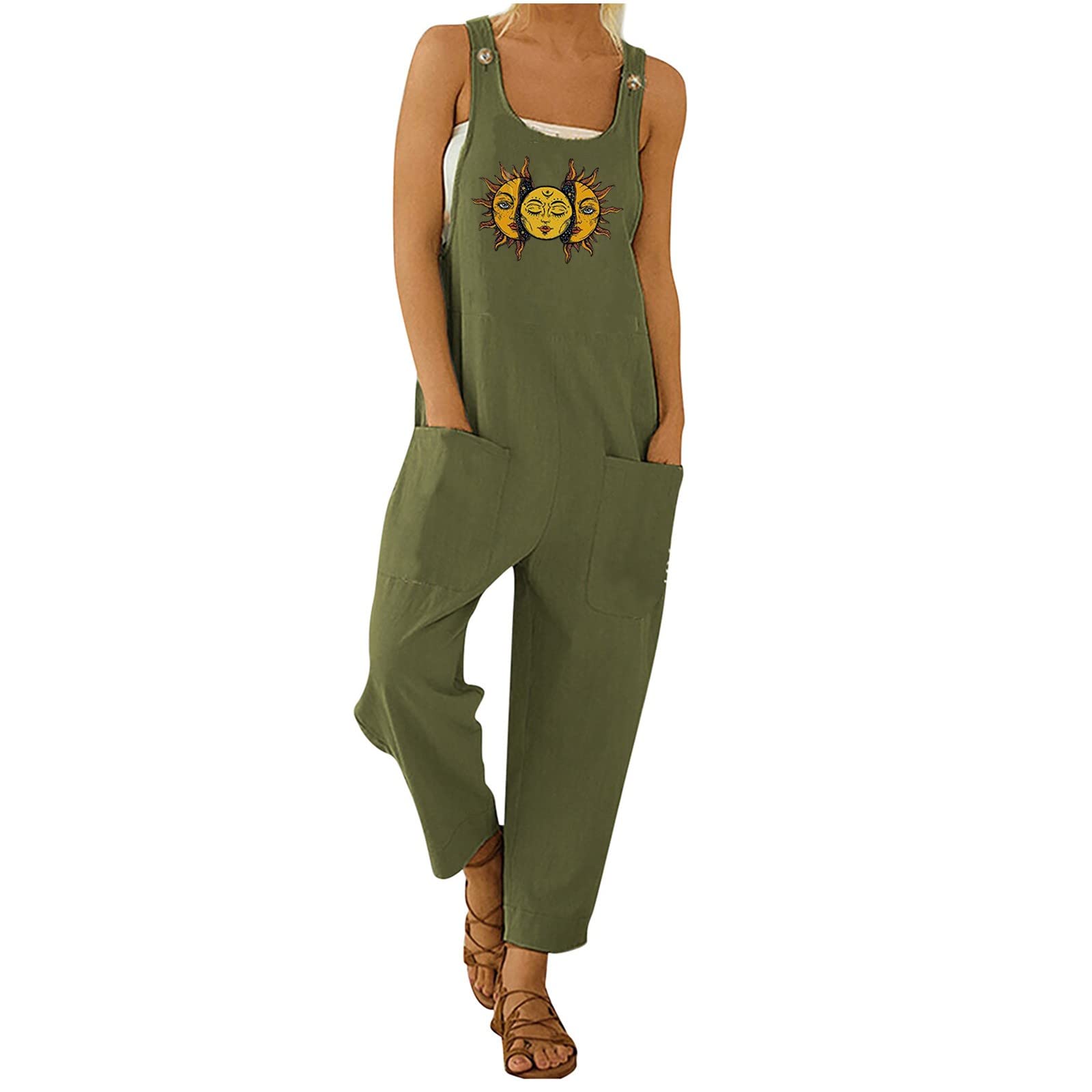 Women's Casual Summer Sleeveless Scoop Neck Jumpsuit Romper with Pockets - Perfect for Beach Outings, Vacation Wear & Everyday Comfort