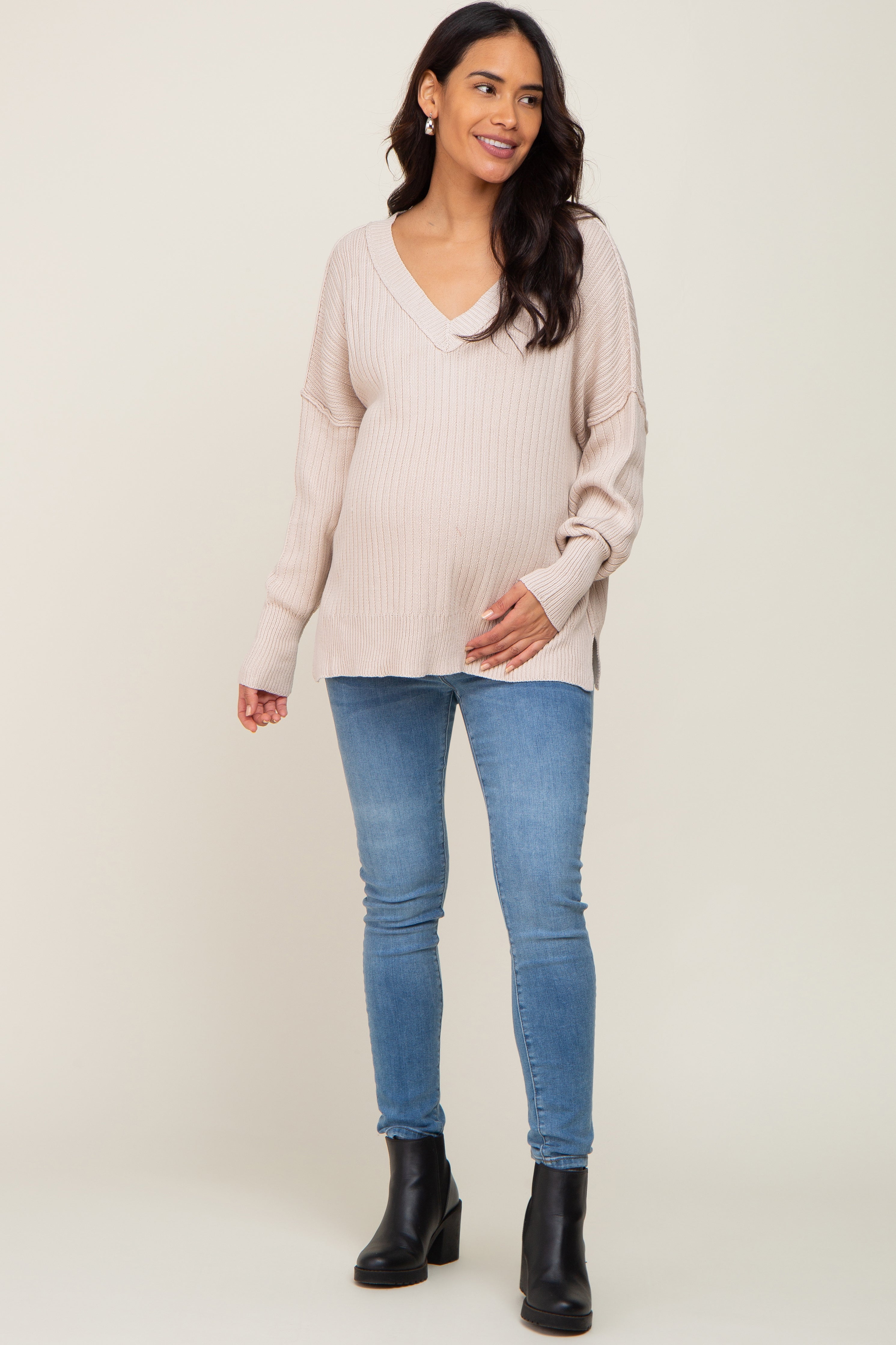 Beige V-Neck Oversized Maternity Sweater for Women - Soft & Comfortable Pregnancy Top for Casual Wear & Nursing - Perfect for Work, Dates and Relaxing at Home